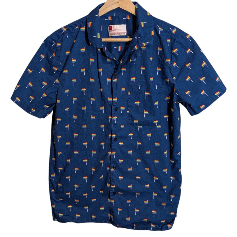 Rainbow‎ Pride Flags Short Sleeve Button Up LGBTQ Navy Shirt Unisex Men's S